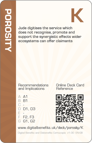 Image of the DBD Cornucopia King of Porosity card with text 'Jude digitises the service which does not recognise, promote and support the synergistic effects wider ecosystems can offer claimants'