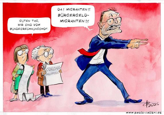 Karikatur. Ein Mann und eine Frau stellen sich Jens Spahn mit den Worten vor: Guten Tag, wir sind vom Bundesrechnungshof. Spahn dreht sich panisch von ihnen weg und deutet mit seinen Zeigefingern irgendwohin und ruft dabei: Da! Migranten! Bürgergeldmigranten! Die Frau hält eine Rechenmaschine in ihren Händen, der Mann einen Stapel Blätter mit der Aufschrift Coronamilliarden.
