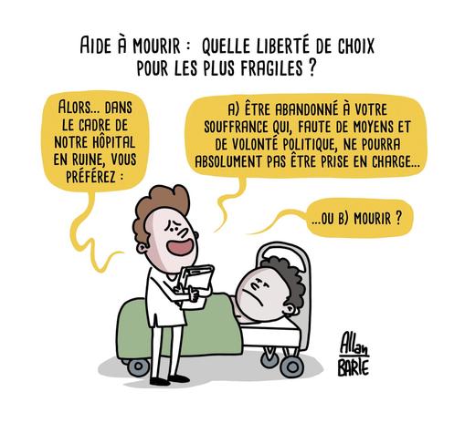 Titre : Aide à mourir : quelle liberté de choix pour les plus fragiles ?

Un homme, carnet à la main, s’adresse à un patiente alité.
- Alors… dans le cadre de notre hôpital en ruine, vous préférez :
A) Être abandonné à votre souffrance qui, faute de moyens et de volonté politique, ne pourra absolument pas être prise en charge...
ou
B) mourir ?