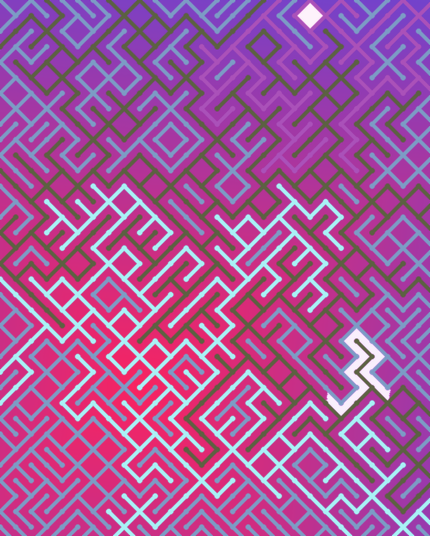 A colorful maze, generated using the 10print method. Picture generation details: screen height: 1107, screen width: 888, primary background color #6047DA, primary line color: #7C9CC5, using gradient mask mask8.png, gradient background color #F92360, square: 32, width: 8, radiusB: 5, radiusW: 8, effect: 6