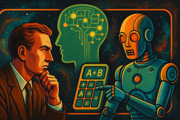 A retro-futuristic illustration of a humanoid AI figure observing a student through a glowing interface, symbolising surveillance, judgement, and the automation of learning in a digital classroom setting.