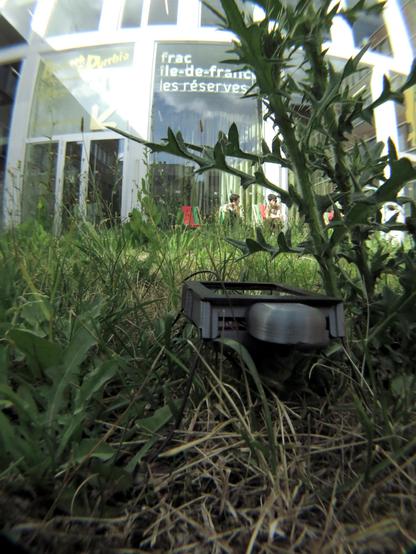 The DigitalBug is seated in the grass watching over to the entry of FRAC Île de France.