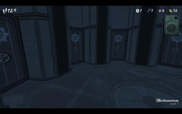 A gloomy, grey room with many doors, each featuring a cog icon. The bottom right tells us this room is called the Mechanarium.