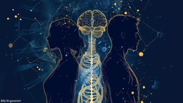 KI-generiertes Bild von zwei Silhouetten eines männlichen und weiblichen Körpers im Profil, die Rücken an Rücken stehen, dazwischen sind ein menschliches Gehirn und Skelett angedeutet.