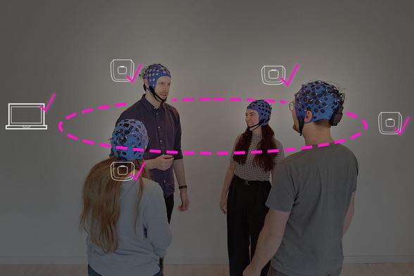 Four people interacting in a typical hyperscanning setting