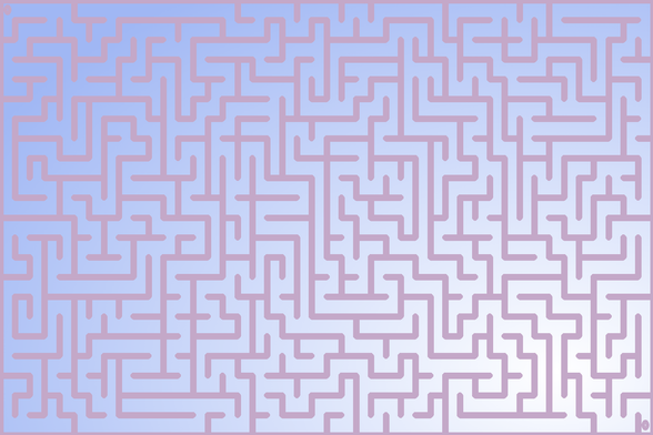 A colorful autogenerated maze. Picture generation details: screen height: 948, screen width: 1422, primary background color #A0B7F4, primary line color: #C4A8C8, using gradient mask mask11.png, gradient background color #FFFFFF, square: 26, width: 17, radiusB: 11, radiusW: 8, effect: 11