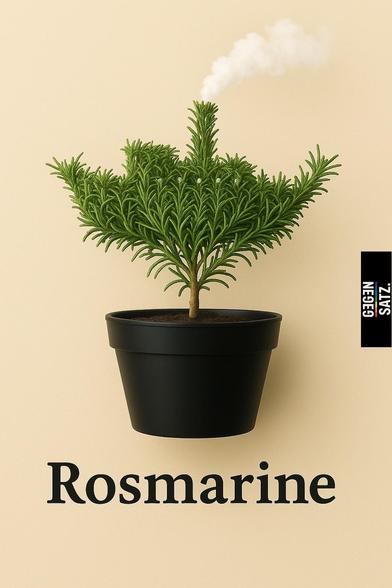 Eine Rosmarinpflanze, die wie ein Schiff gewachsen ist, stößt eine Dampfwolke aus. Der Blumentopf, in dem sie steht, ist schwarz, und das Wort "Rosmarine" ist unter der Pflanze in schwarzer Schrift vor einem beigen Hintergrund zu sehen.