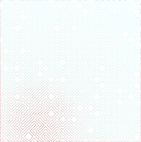 A colorful maze, generated using the 10print method. Picture generation details: screen height: 1074, screen width: 1064, primary background color #B77457, primary line color: #D3848E, using gradient mask mask12.png, gradient background color #FF0000, square: 43, width: 14, radiusB: 10, radiusW: 14, effect: 1