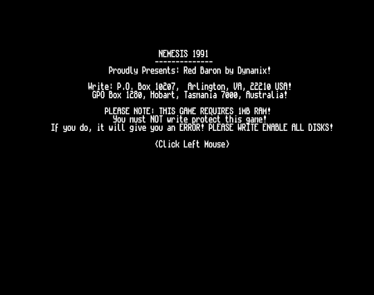 Screenshot of "Red Baron" - Crack: Nemesis - Published by Dynamix on Commodore Amiga (1992)