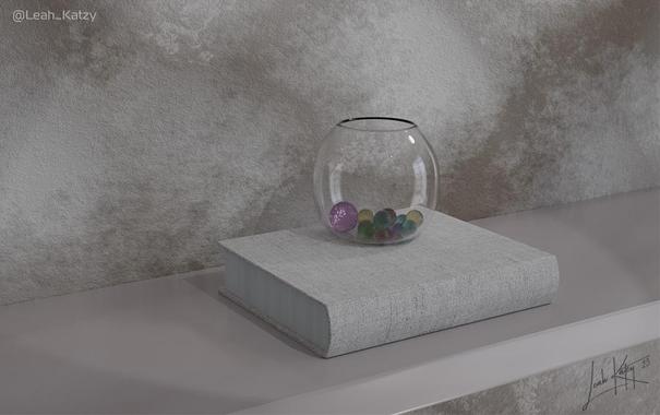 Round vase with colourful small glass balls inside on a grey book. Created in a 3D program named Blender. 