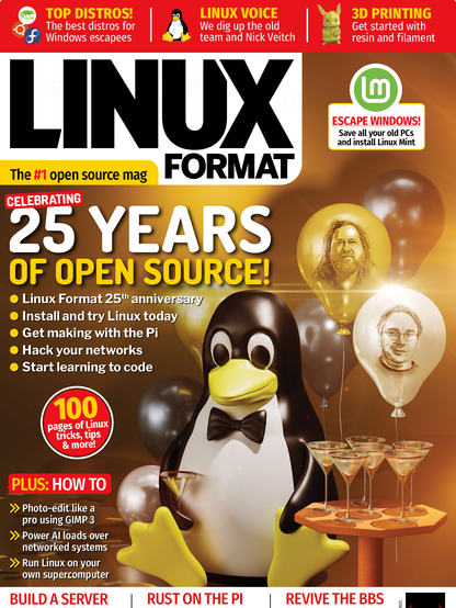 Portada de Linux format del número de julio de 2025 celebrando el 25 aniversario de la revista.