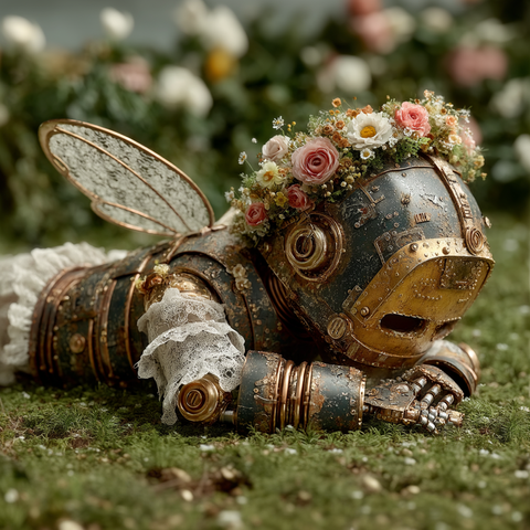 Midjourney Prompt: a cute fairy sleeping robot with flowers, wired wings, lace, lying on a green grassland --chaos 5 --stylize 650 --v 7