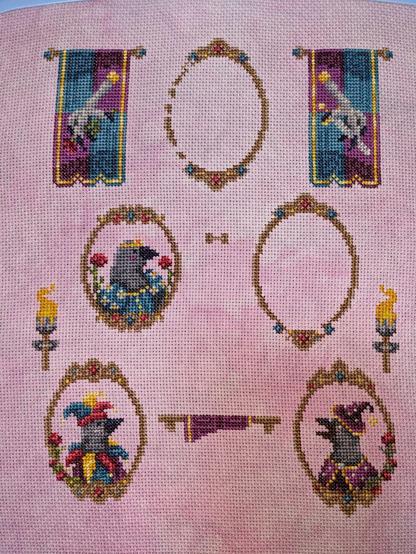 Court of Crows portrait wall - with banners in the top two corners with an empty frame between them. Below we have a crow princess next to an empty frame, and in the bottom row, a crow jester and a crow advisor flank an empty shelf.