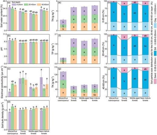 Soil water content, pH, electric conductivity, and soil bulk density (a–d); soil TN, TP, and TK content (e–g); and the soil particle size distribution ratio within 0–20 cm, 20–40 cm and 40–60 cm soil layer (h–j) in different stands.