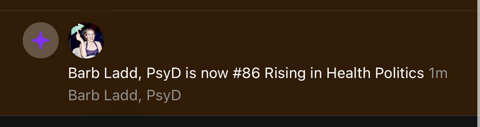 “Barb Ladd, PsyD is #86 in Health Politics” screenshot