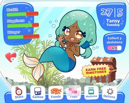 Mockup of a virtual pet sim featuring my mermaid character Tansy.