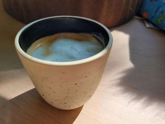 12-ounce, handle-less, off-white ceramic cup with a coffee latte, on a birch desk. The clay of the cup has many tiny flecks of black and blue. The interior of the cup has a dark-colored glaze. An early-morning sunbeam illuminates a rectangular portion of the desk surface, with the cup casting a shadow. A partial shadow from a cat tail is seen at right.