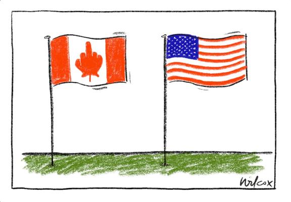 Canadian flag giving the finger to the American flag 