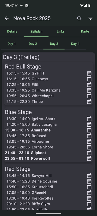 Screenshot showing the new schedule tab with multiple day sub-tabs. The festival shown is Nova Rock 2025 in Austria. Day 3 is selected.
