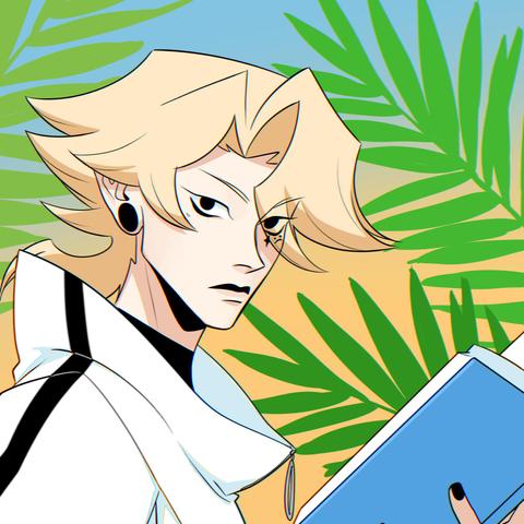 with blond hair and black eyes holding a blue book and looking at the viewer.