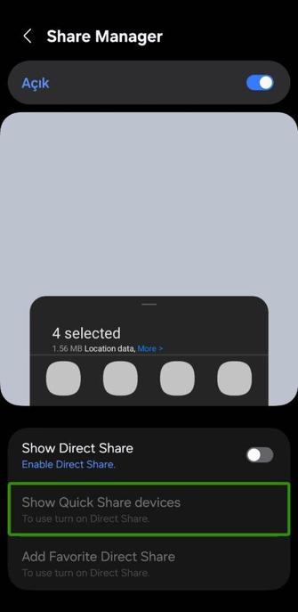 Here’s what the Share Manager screen should look like after disabling Direct Share. As shown, the options related to Quick Share and Favorite Direct Share are greyed out when Direct Share is off.
