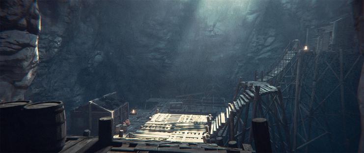 Wide shot, interior, day -

The bottom of a mine shaft.  Light streams down from above onto the wooden platforms and shacks that have been built over the water that has collected at the bottom of the hole.