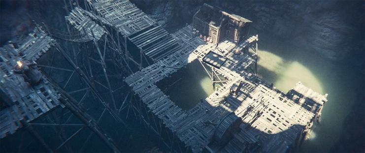 Wide shot, interior, day -

The bottom of a mine shaft.  Light streams down from above onto the wooden platforms and shacks that have been built over the water that has collected at the bottom of the hole.