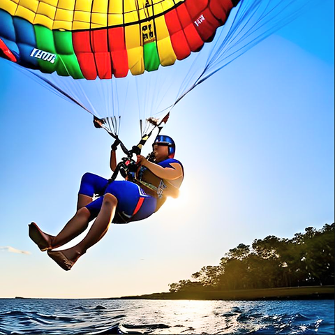 Colorful picture of a man Para-Sailing over water 