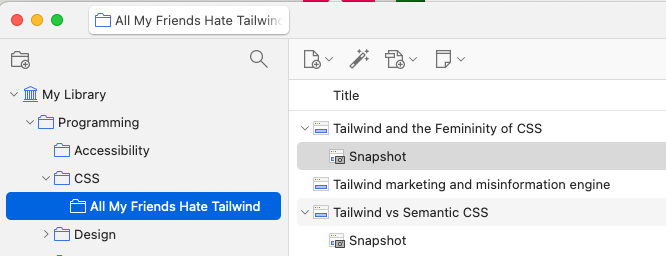 A screenshot from Zotero, a research collection app, with a sub collection titled 'All My Friends Hate Tailwind'