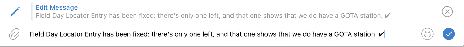 A screenshot of the input text field for editing an existing posting on Telegram. The original message text appears in the input field ready for instant editing. Immediately above the input field, the original message also appears as static text for side-by-side comparison.
