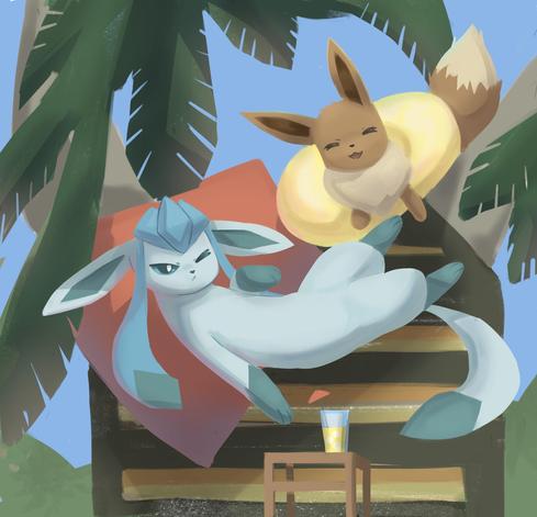 Glaceon is lying in a hammock in the shade of palm trees on a pillow and a striped rug, there is a glass of lemonade on the table, and an Ivy is sitting next to her with a yellow inflatable ring
