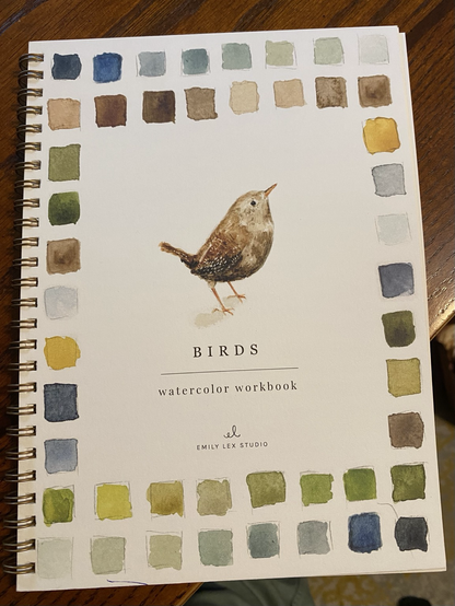  Cover of spiralbound book with a brown watercolor bird. Text is: Birds. Watercolor Workbook. Published by Emily Lex Studio.
