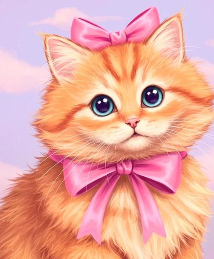 Painting of a cute kitty with a pink bow on its head and one around her neck 