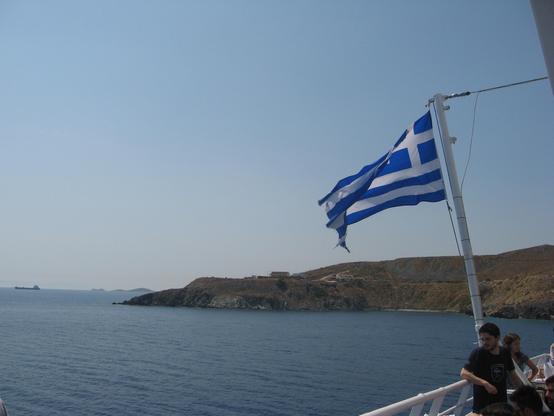 Photo of the Greek flag on a ferry from Piraeus to Mykonos, taken May 27, 2010.