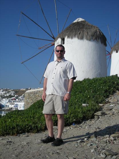 Photo of me in front of the Mykonos windmills, taken May 27, 2010.
