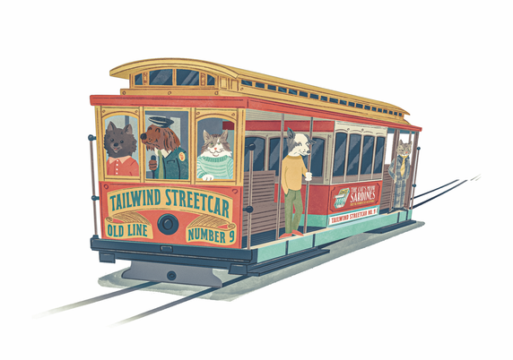 Illustration of a vintage San Francisco style streetcar with anthropomorphized cats and dogs riding it. The style is sort of reminiscent of mid century children's book illustration.