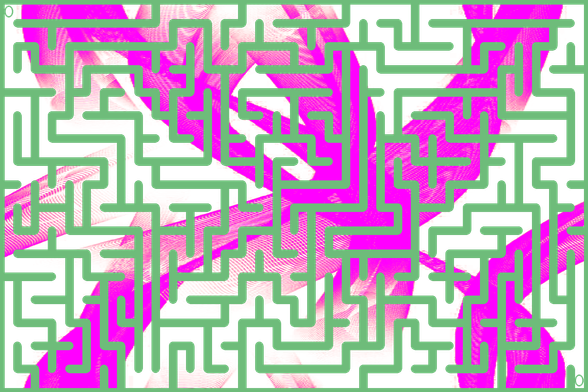 A colorful autogenerated maze. Picture generation details: screen height: 1191, screen width: 1786, primary background color #1B7A33, primary line color: #6EBC7A, using gradient mask mask41.png, gradient background color #FF00FF, square: 12, width: 8, radiusB: 5, radiusW: 4, effect: 12