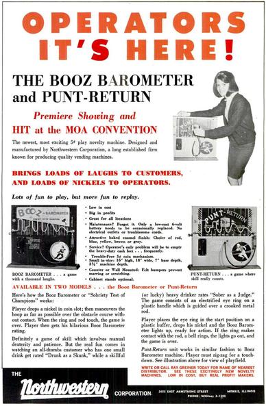 1967-11-04 Billboard pg 85. Advertisement for the Booz Barometer's premiere at the 1966 MOA show, including its slight variant Punt Return.