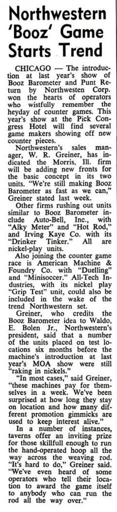 1967-11-04 Billboard pg 85. Article discussing the influence of Booz Barometer on a new phase in countertop amusement games.