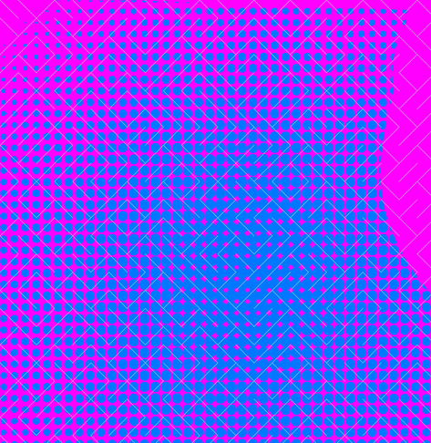A colorful maze, generated using the 10print method. Picture generation details: screen height: 953, screen width: 927, primary background color #FF00FF, primary line color: #BAFFC9, using gradient mask mask35.png, gradient background color #0077FF, square: 39, width: 1, radiusB: 0, radiusW: 1, effect: 10