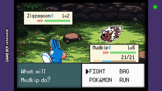 A scene from the rom hack, Pokémon Emerald Seaglass. An overlay made to look like a Gameboy Advance. Text boxes are set in opposing corners that read Zigzagoon Lv2 and Mudkip Lv5. Across the bottom left of the screen, a text box reads, “What will Mudkip do?” Options for Fight, Bag, Pokemon, and Run are set in the bottom right.