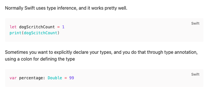 Code snippets showcasing type inference and type annotation in Swift programming language. The first snippet demonstrates a simple variable declaration, while the second shows explicit type definition for a variable.