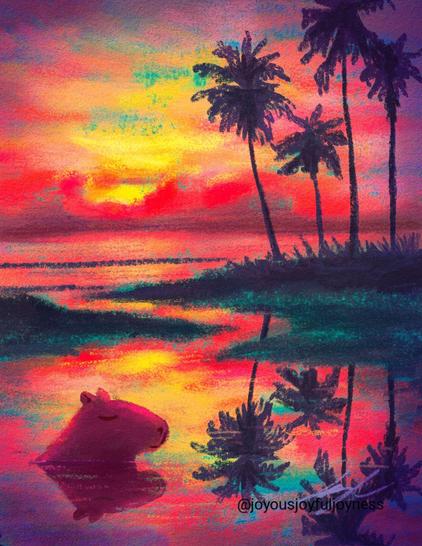 Painting of a capybara sleeping in water surrounded by palm trees. The bright neon sunset is in the background. The artist's signature and watermark @joyousjoyfuljoyness are at the bottom right.