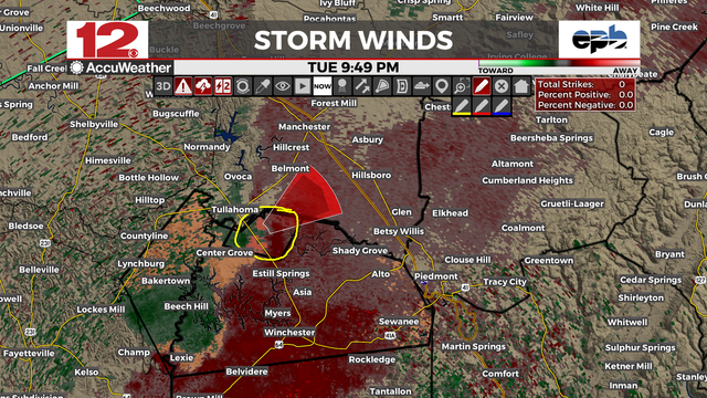 #TORNADOWARNING REMAINS IN EFFECT UNTIL 900 PM CDT FOR NW FRANKLIN COUNTY...

"At 842 PM CDT, a severe thunderstorm capable of producing a tornado was located near Estill Springs, or 9 miles N of Winchester, moving NE at 15 mph."

This will take the storm over I-24 within the next half-hour. 