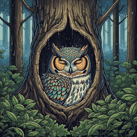 Model: Imagen 4
(vintage illustration, comic book, vector, 4k, hyper-detail, meticulous detail)a sleeping iridescent horned owl in a hallowed out tree, during a light rainstorm, in a dense forest, off center