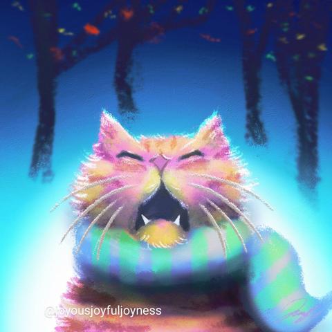 Painting of a grumpy orange and pink cat with his eyes closed and yelling. The cat is wearing a striped green and blue scarf. Behind the cat is a white glow and the background has some dark trees with Christmas lights. The artist's @joyousjoyfuljoyness watermark is on the bottom left.