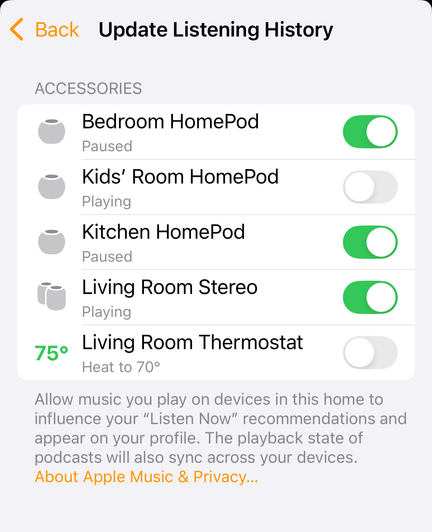 Home app listening history screen