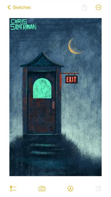 A very small building, the size of an elevator car, positioned on a grassy hill. It is night; the sky is cloudy gray, with a thin orange crescent of a moon. The building is rather ornate, with the suggestion of faded reddish paint. The front of it is occupied entirely by a door with an arched window that glows green. Fixed to the right side of the building is a small sign that says "exit" in bright red block letters. Uneven steps lead up to the building. The painting is signed "Chris Silverman". 