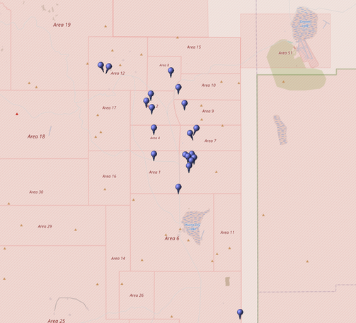 Kartierung aller Koordinaten von "Operation Plumbbob (Atomtest)" im Testgebiet Nevada (Nevada National Security Site, NNSS)
Quelle: OpenStreetMap
Lizenz: Open Data Commons Open Database-Lizenz (ODbL)