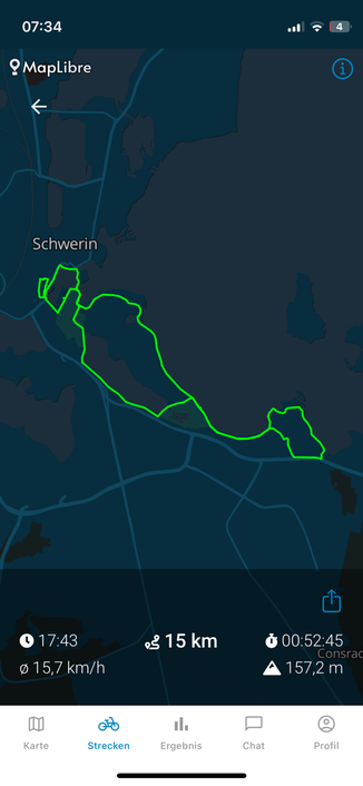 Karte mit eingezeichneter Radtour am Südufer Schweriner See